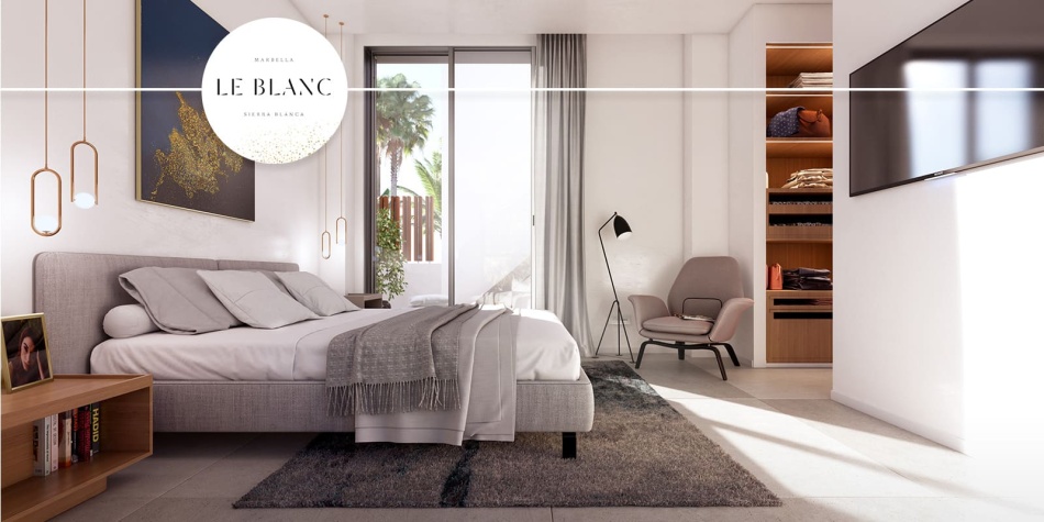 Le Blanc. Bedroom with generous walk-in wardrobe.